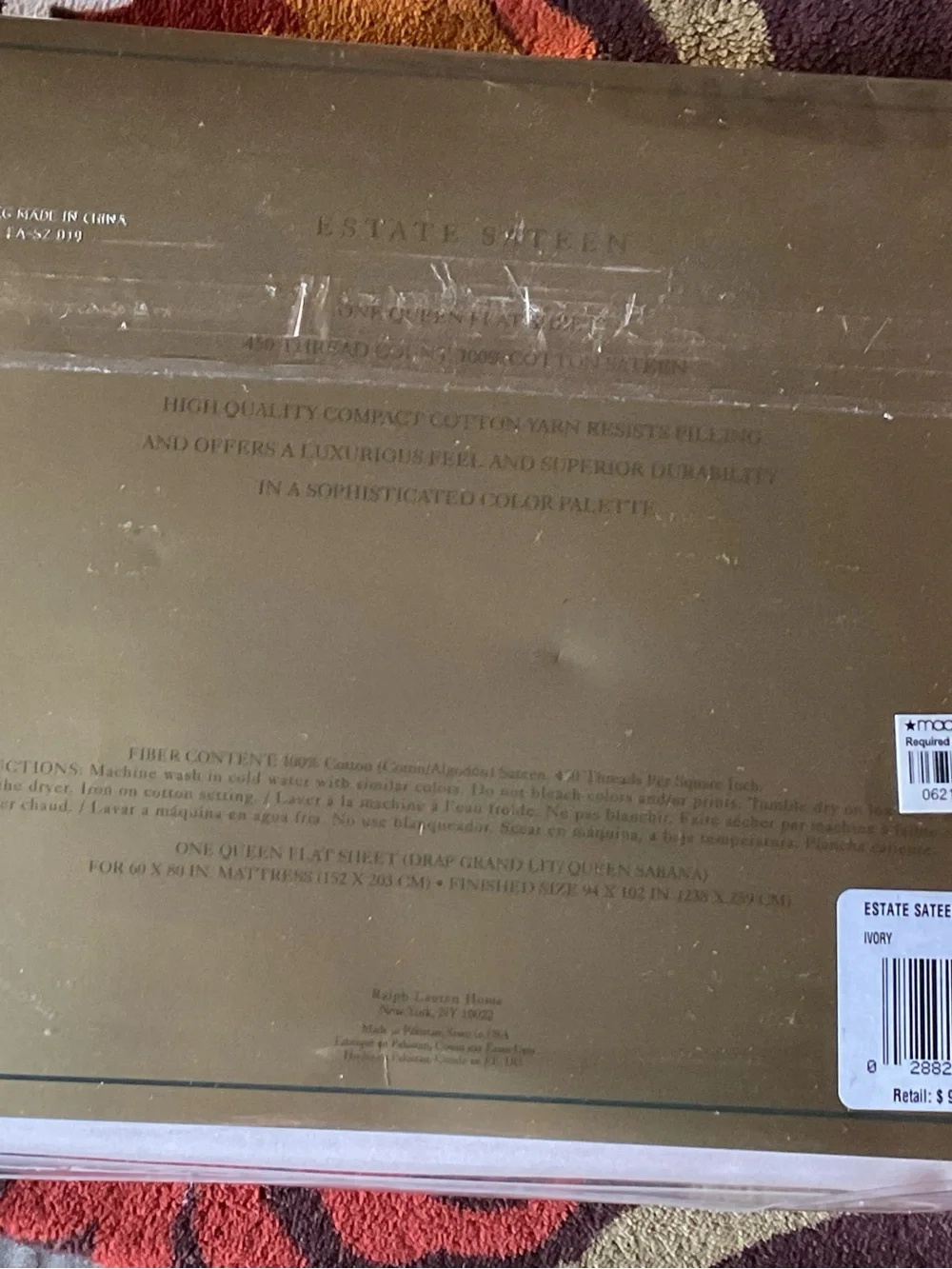 New PKG, Lauren Ralph Lauren Estate Sateen Ivory QUEEN Flat Sheet 450 Thread CNT